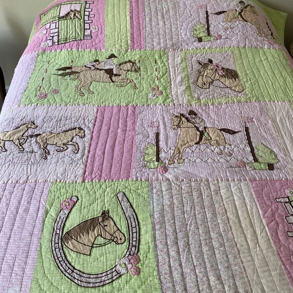 Vintage Company Kids Horses Equestrian  Quilt Twin 65x84" Pink Girls Embroidered - Picture 2 of 13